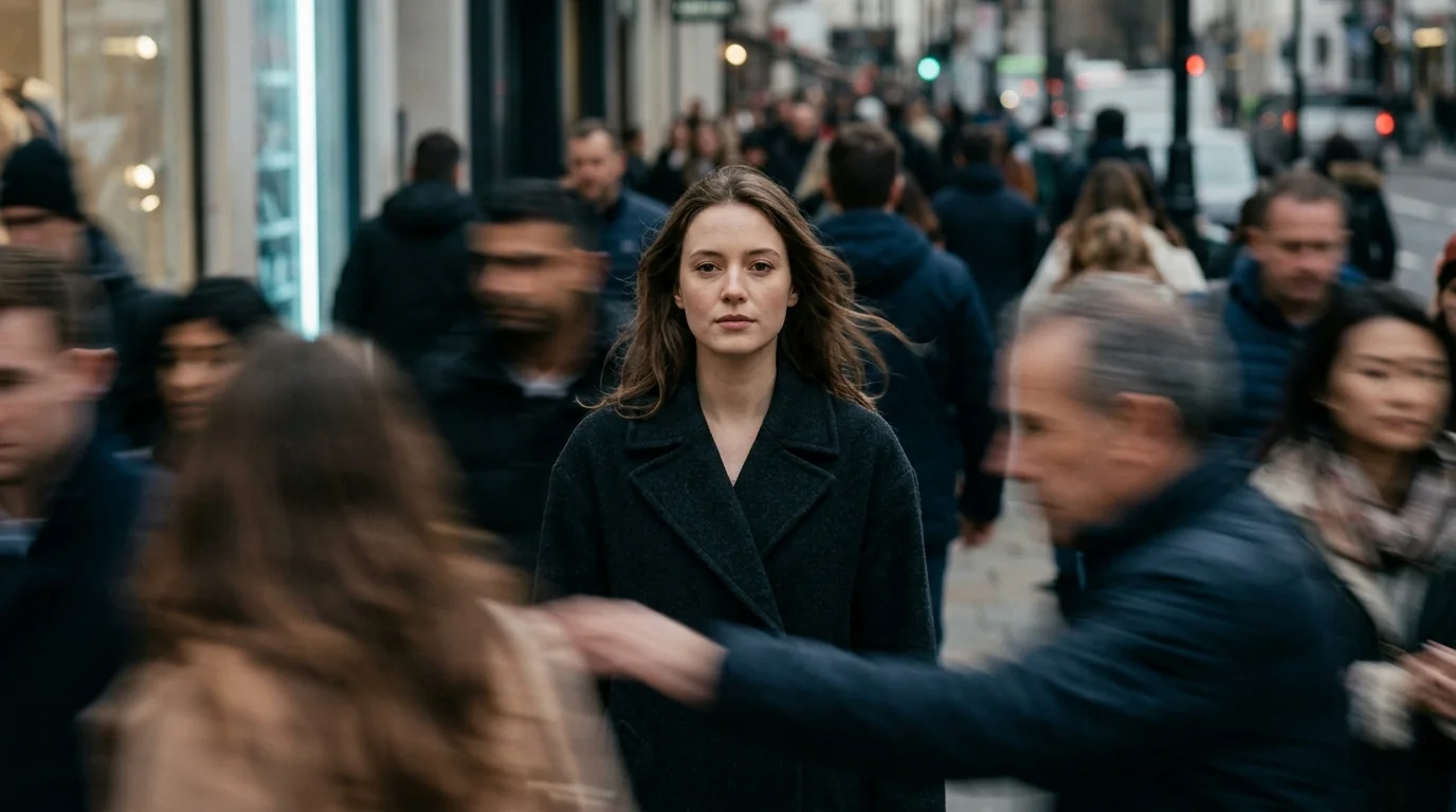 A shot with narration over it: one woman still and in focus as a crowd blurs past