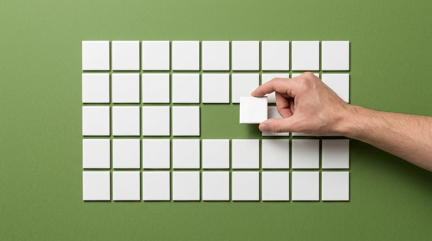 Fifty identical tiles laid out in a grid with one lifted clear of the others