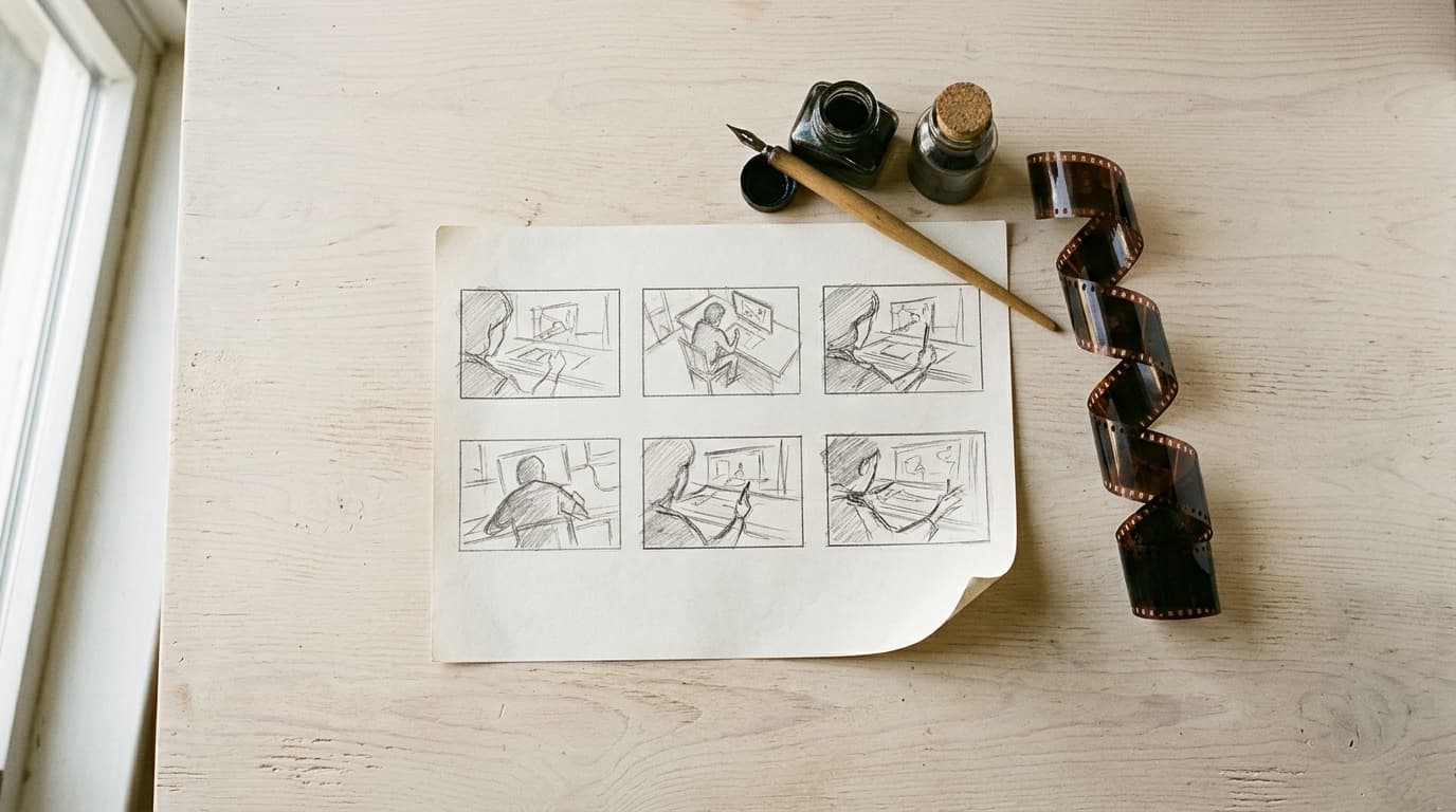 A storyboard artist's desk from above: pencil panels beside the filmstrip they became