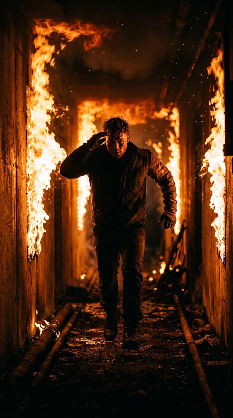 A stunt performer running toward camera down a corridor lined with fire