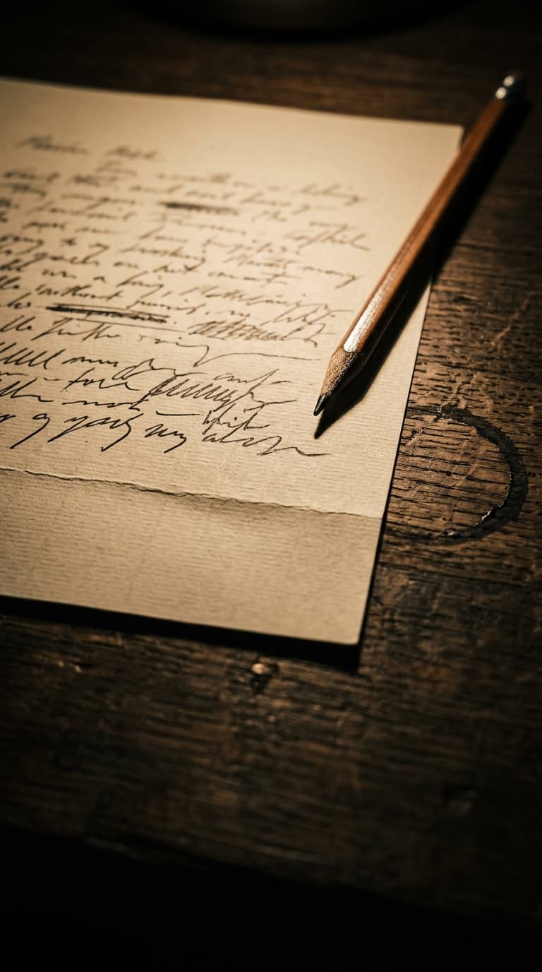 A script page on a dark desk, a lamp raking across the paper and one pencil resting on it