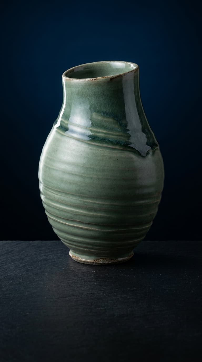A hand-thrown stoneware vessel lit by a single hard key, glaze pooling at the shoulder